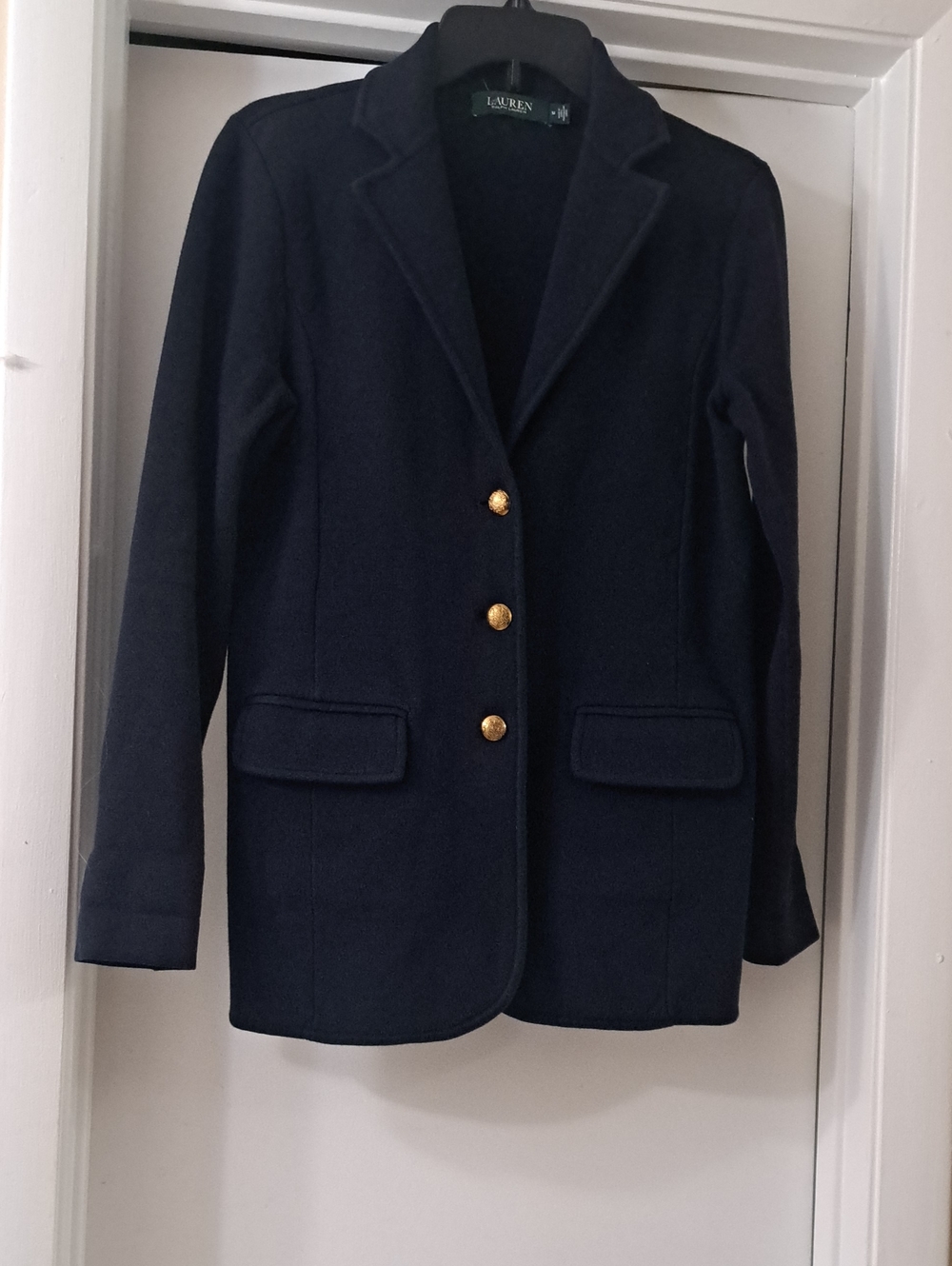 Ralph Lauren Navy Knit  3  Gold Button Blazer witth Lapel Pockets EUC SzM